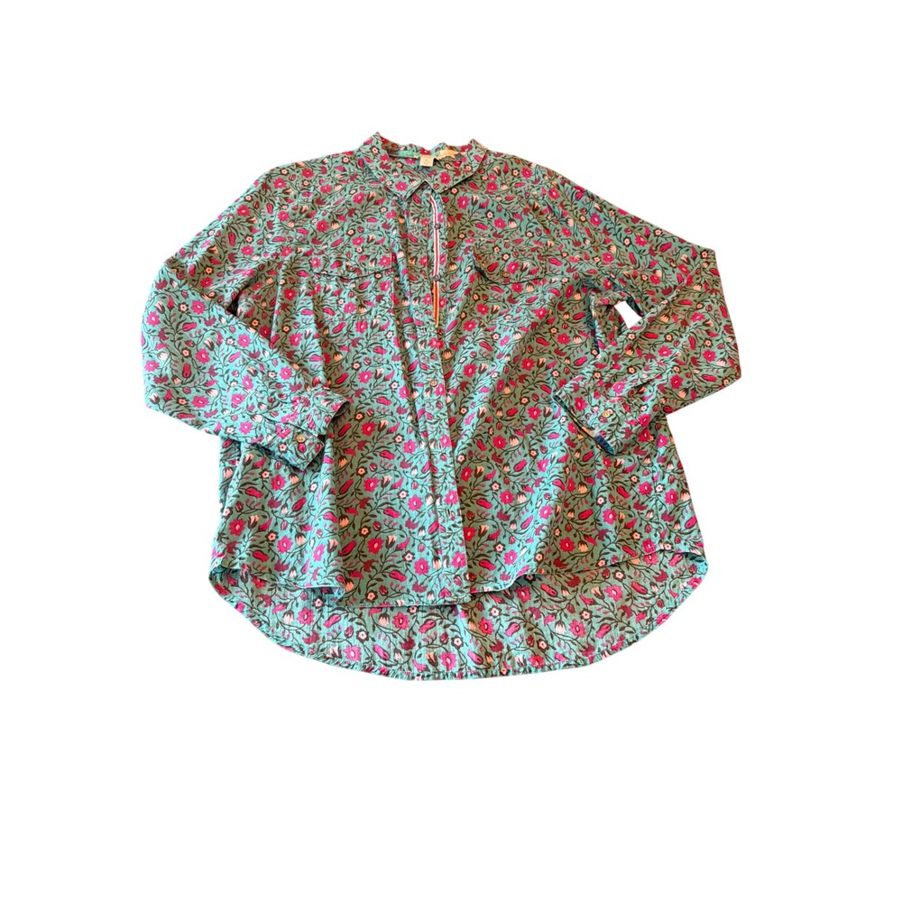 Sundance Button Down Shirt Teal Floral Cotton Long Sleeve Relaxed XL